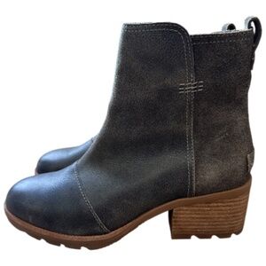 SOREL Women’s Cate Booties Dark Grey Leather & Suede Block Heel Size 7.5